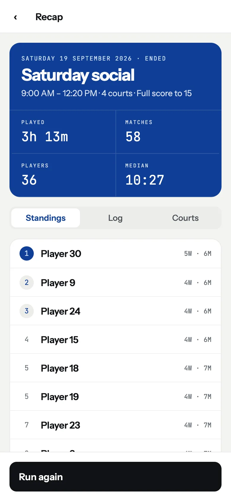 The session recap on a phone: totals for the night and the standings.